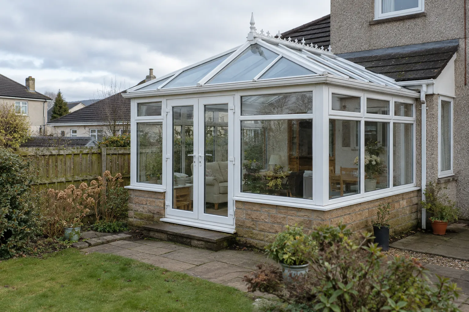 Illustrative white framed conservatory with a glass roof