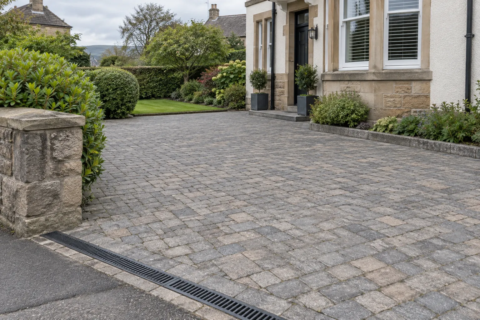 Illustrative block-paved driveway beside a Scottish home
