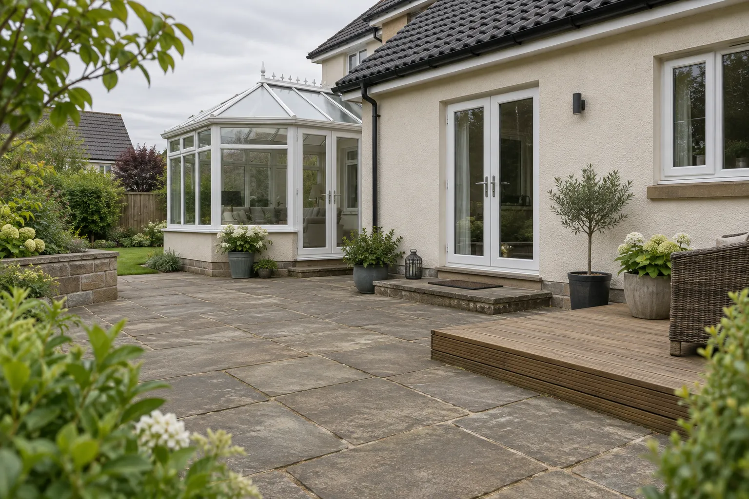 Illustrative garden exterior with paving, decking and a conservatory