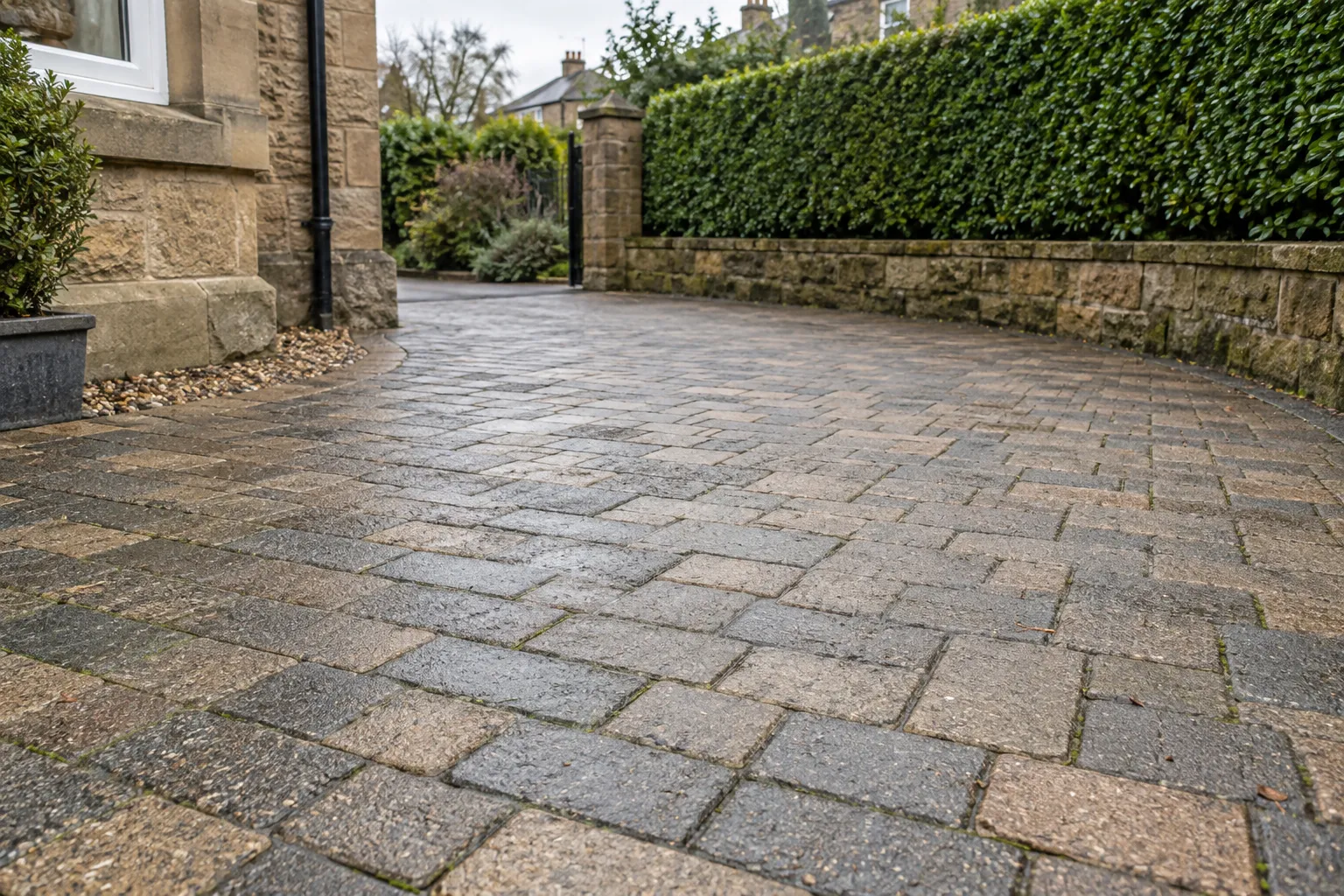 Illustrative block-paved driveway beside a sandstone garden wall