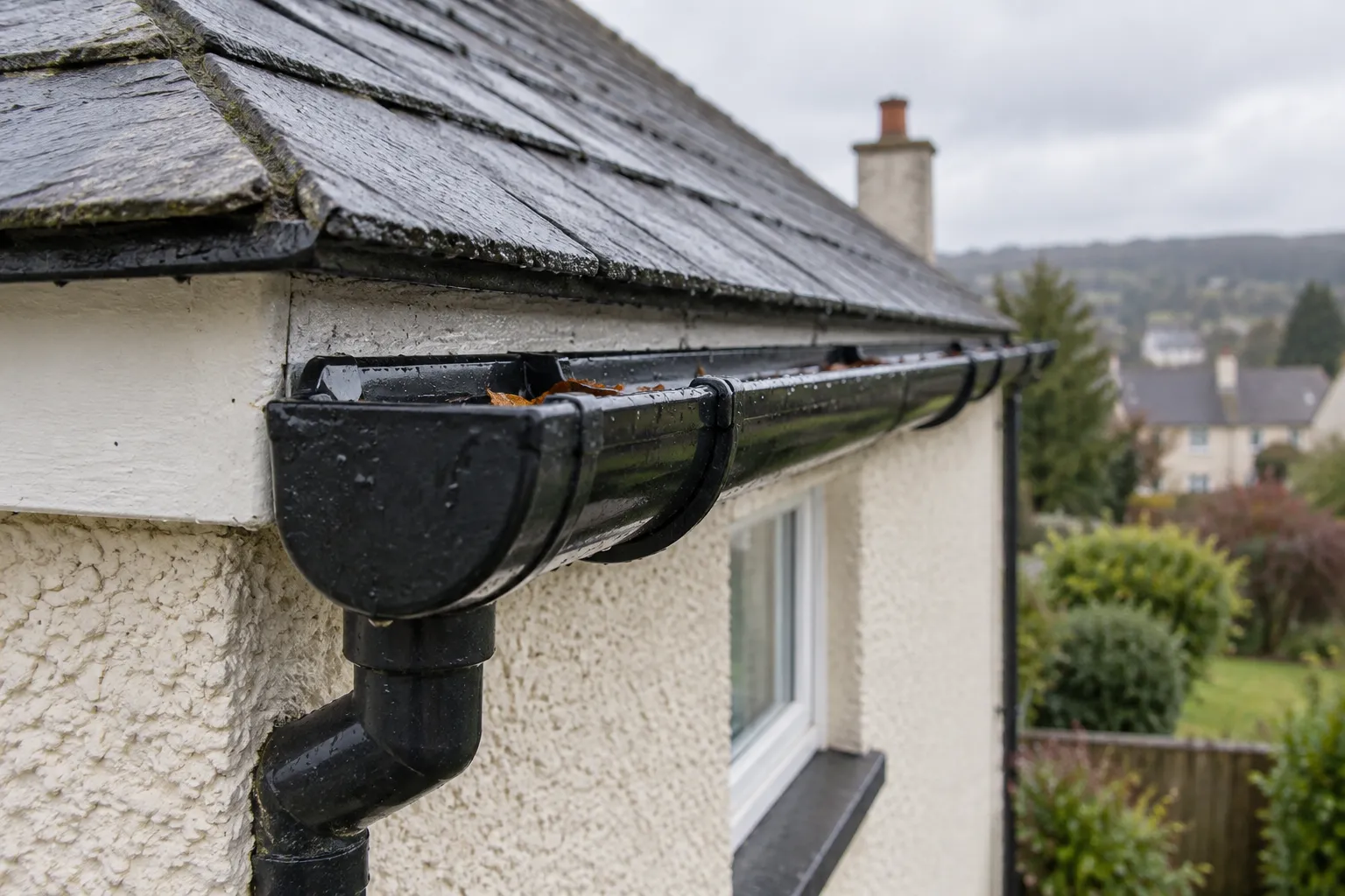 Illustrative black rain gutter with fallen leaves beside a roughcast home