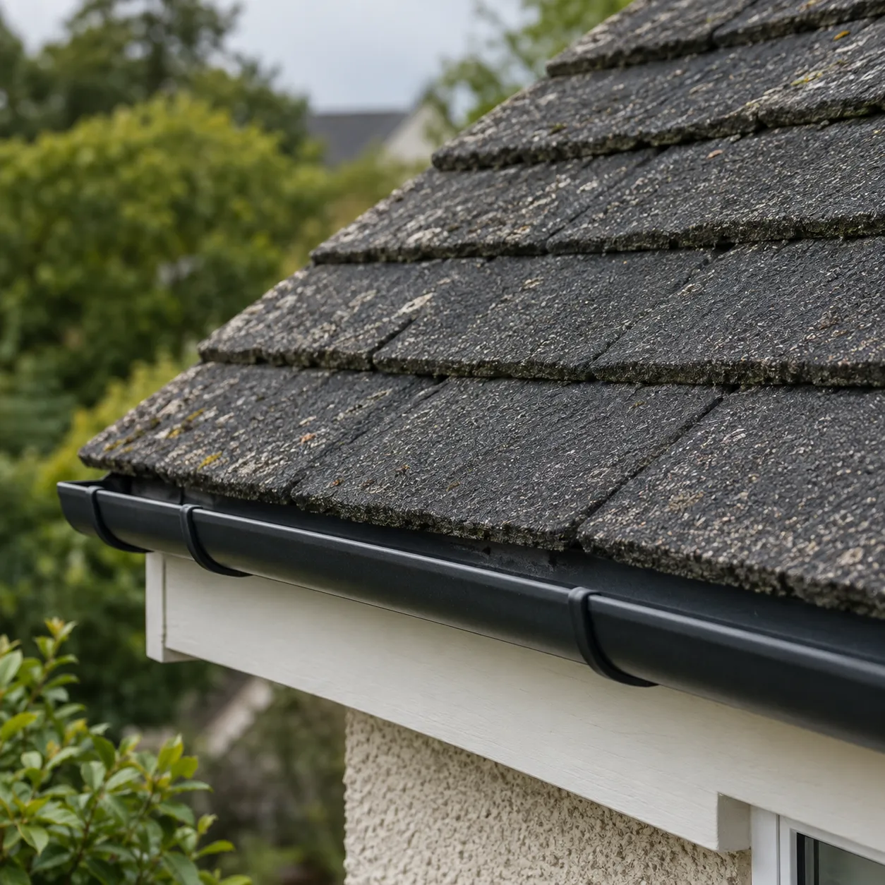 Illustrative close-up of textured roof tiles and a rain gutter