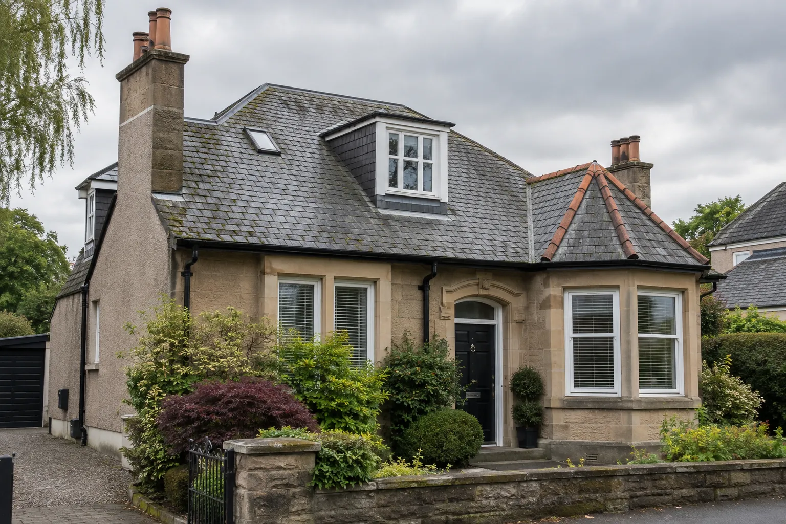 Illustrative Scottish pitched roof with textured slate and tile detail